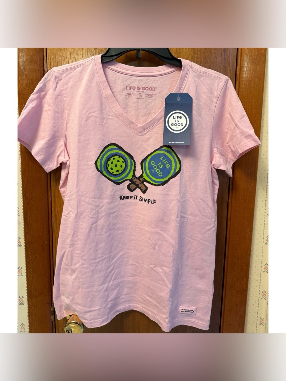 Life Is Good Pink V‑Neck Tee with Pickleball Graphic
